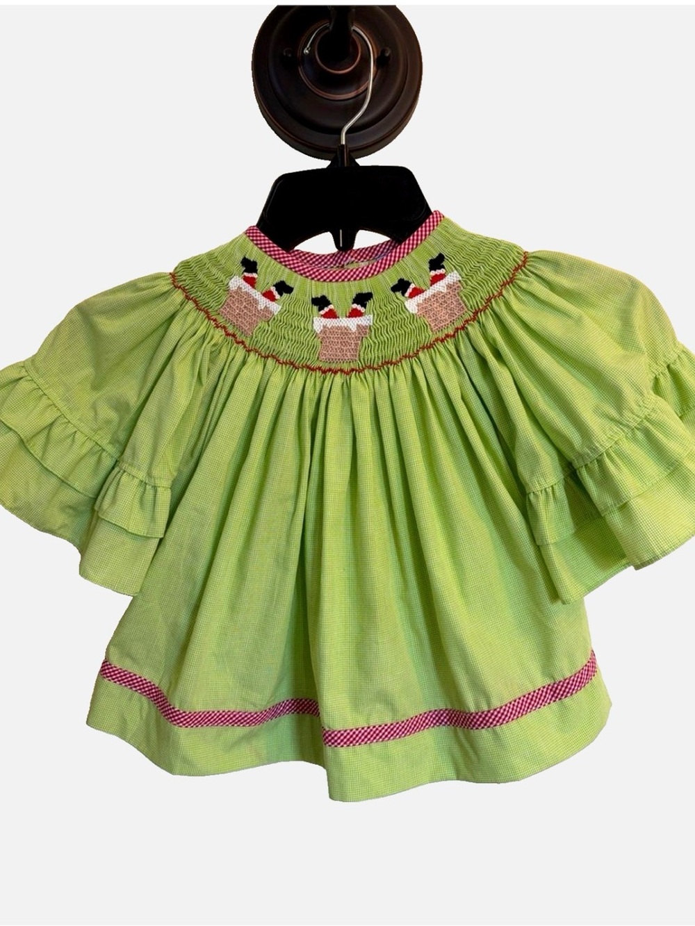 Honesty Girls Smocked Christmas Bishop Top 18M Santa Chimney Green Gingham